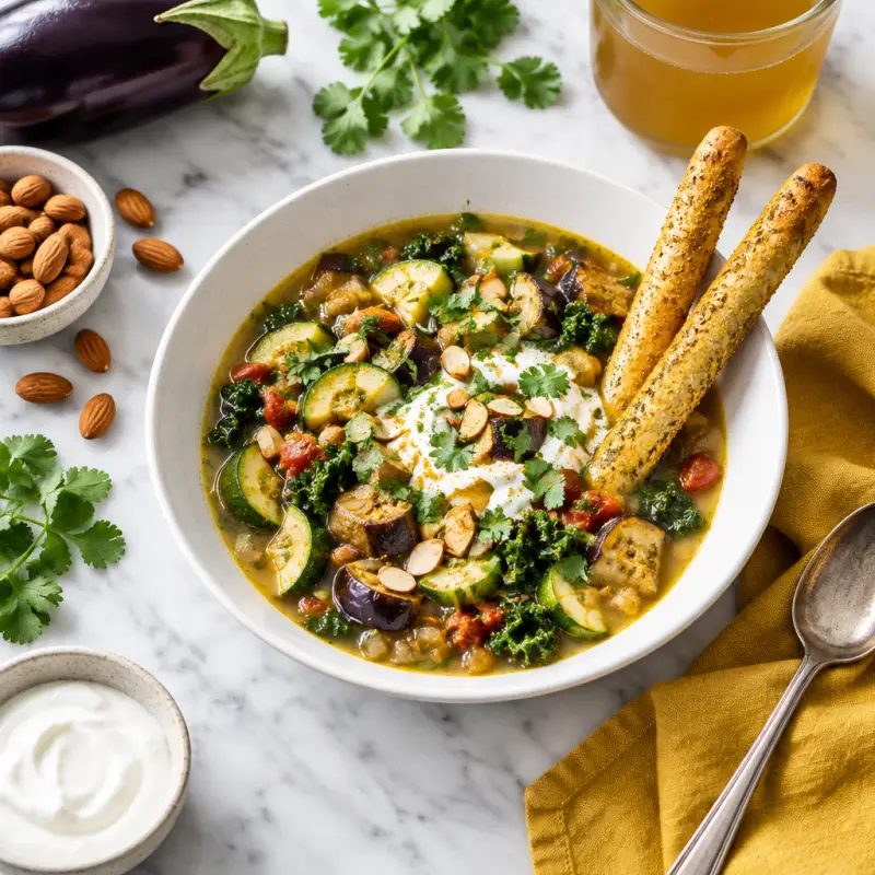 Veggie Soup with Eggplant, Zucchini, Kale, Yogurt & Curry Breadsticks, plated