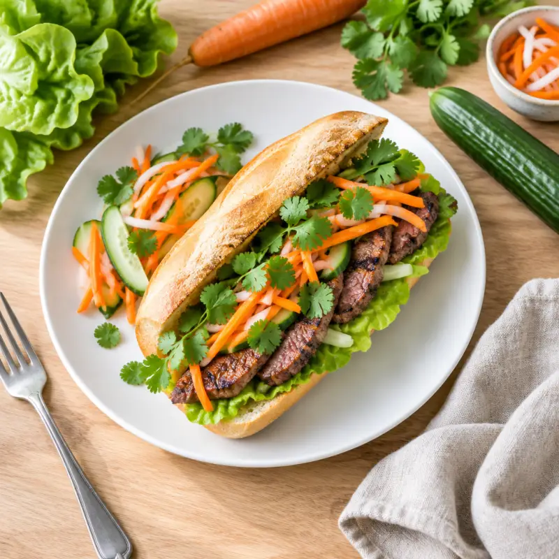 Vietnamese Grilled Steak Banh Mi with Pickled Carrots & Cucumber, plated