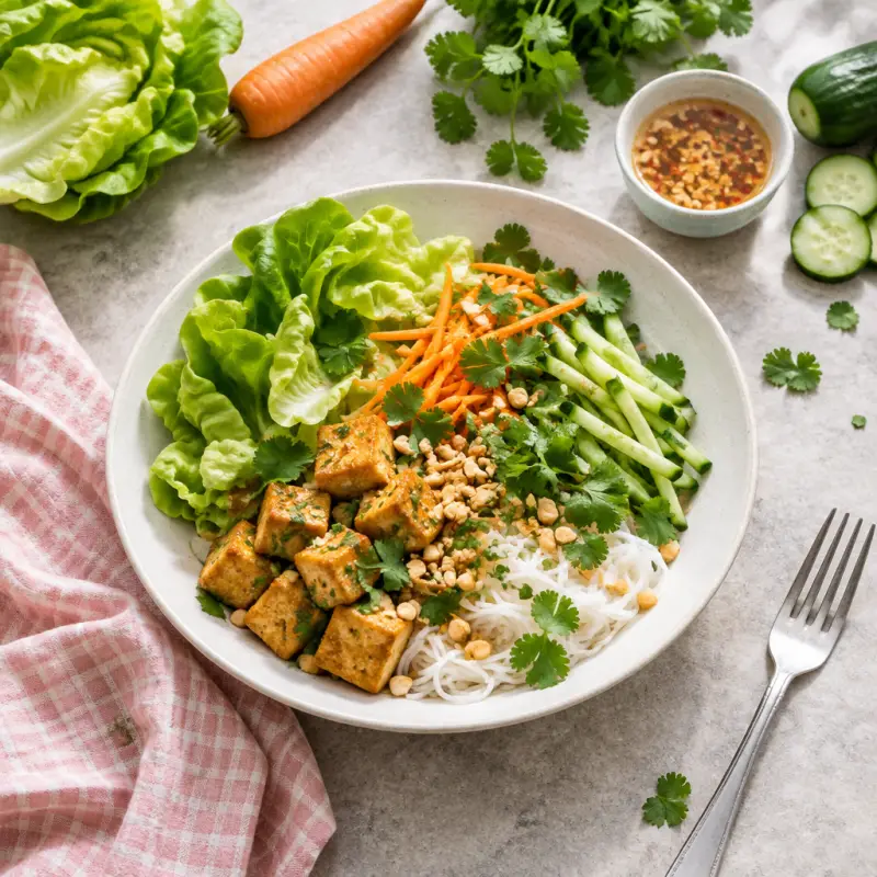 Vietnamese Noodle Bowl with Crispy Tofu, Lettuce, Cucumber & Cilantro, plated