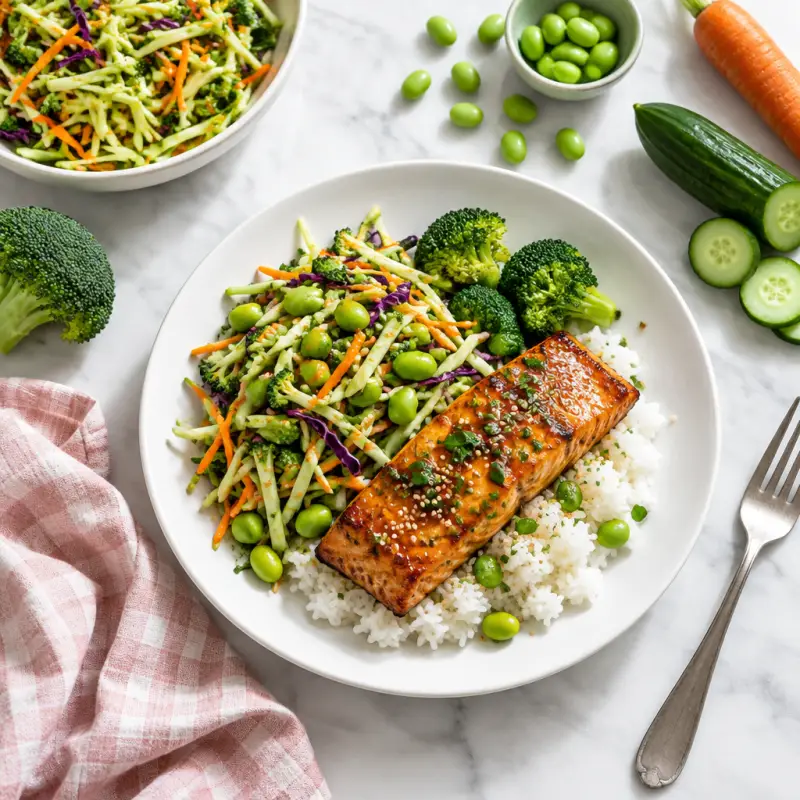 Vietnamese-Style Caramelized Salmon with Edamame, Broccoli Slaw & Rice, plated