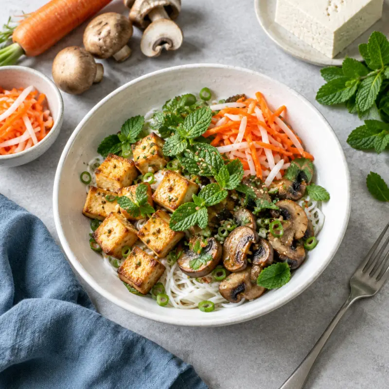 Vietnamese-Style Noodle Bowl with Tofu, Mushrooms & Pickled Veggies, plated