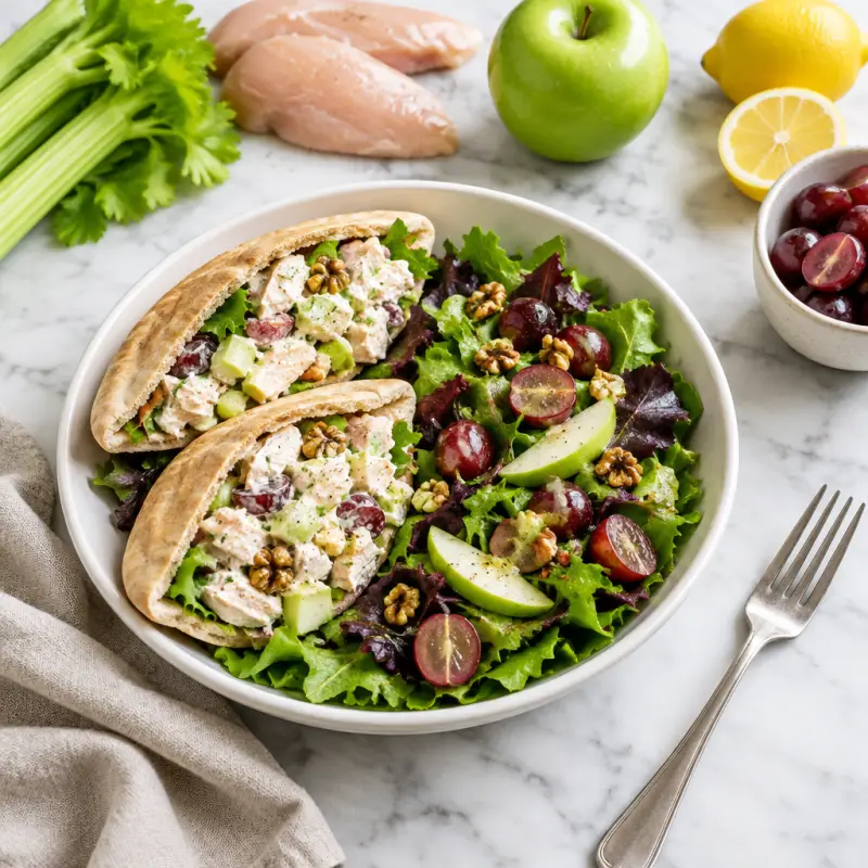 Waldorf Chicken Salad Pitas with Mixed Greens & Red Grape Salad, plated