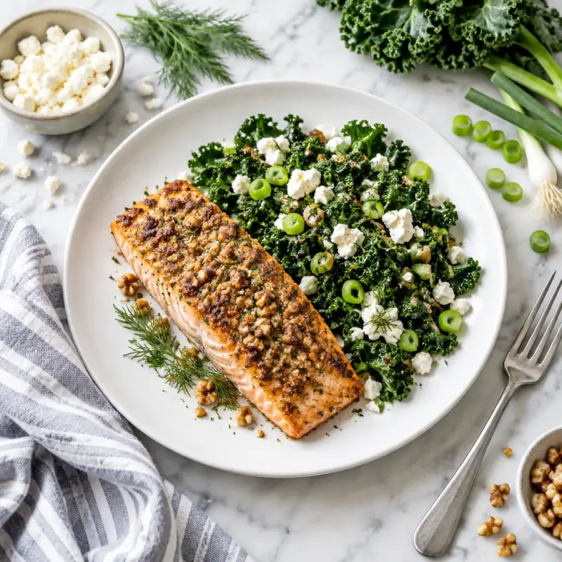 Walnut Crusted Salmon with Greek-Style Kale, Dill & Feta Sauté, plated