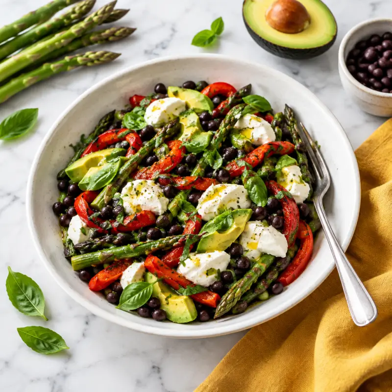 Warm Asparagus Salad with Roasted Peppers, Black Beans & Fresh Mozza, plated