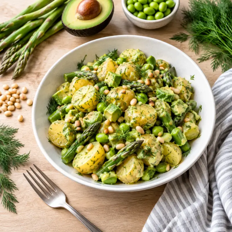 Warm Avocado-Dill Potato Salad with Asparagus, Edamame & Pine Nuts, plated