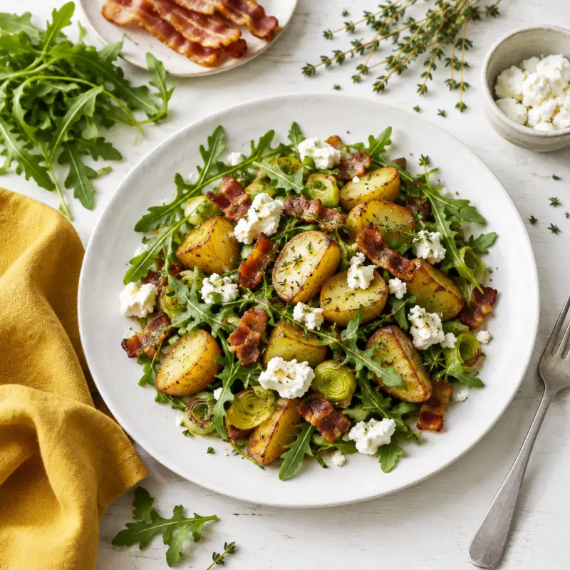 Warm Bacon, Potato, Leek, Goat Cheese & Arugula Salad with Thyme, plated