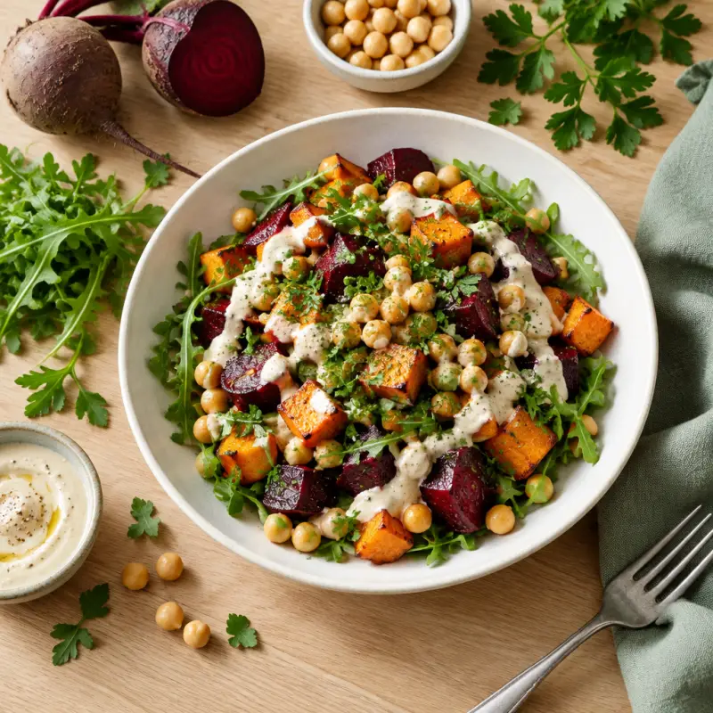 Warm Beet-Sweet Potato Salad with Chickpeas, Arugula & Tahini Yogurt, plated