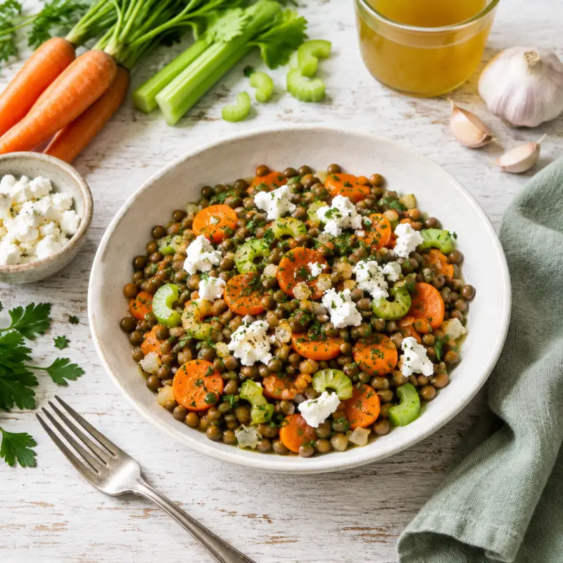 Warm French Lentil Salad with Goat Cheese, plated