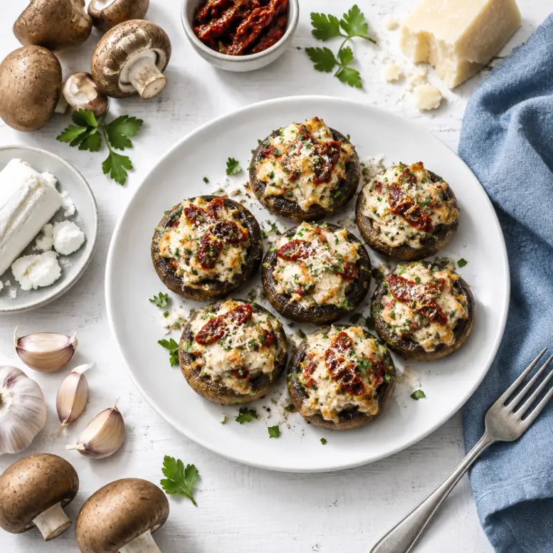 Warm Goat Cheese, Parmesan & Sun-Dried Tomato Stuffed Mushrooms, plated