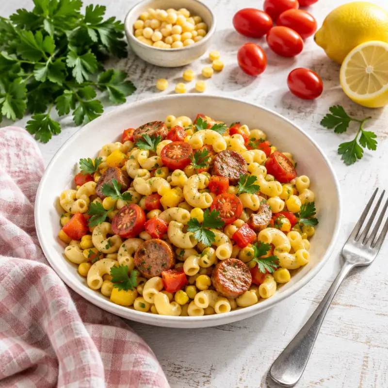 Warm Macaroni Salad with Sausage, Bell Pepper, Corn, Tomato & Parsley, plated