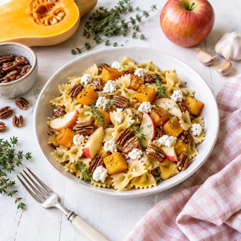 Warm Pasta Salad with Butternut Squash, Apple, Goat Cheese & Pecans, plated