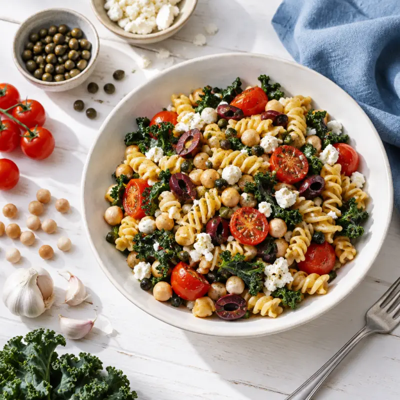 Warm Pasta Salad with Chickpeas, Tomato, Kale, Kalamata Olives & Feta, plated