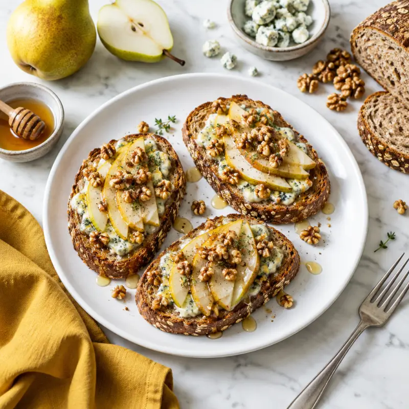 Warm Pear, Walnut & Blue Cheese Toasts with Honey, plated