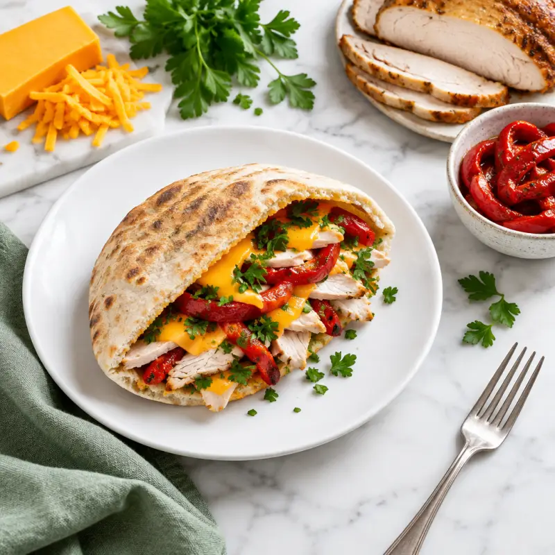Warm Pita Pocket with Turkey, Cheddar, Roasted Red Peppers & Parsley, plated