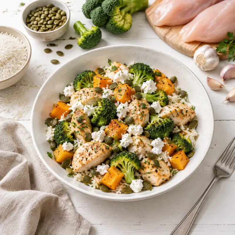Warm Rice Salad with Chicken, Broccoli, Pumpkin Seeds & Goat Cheese, plated