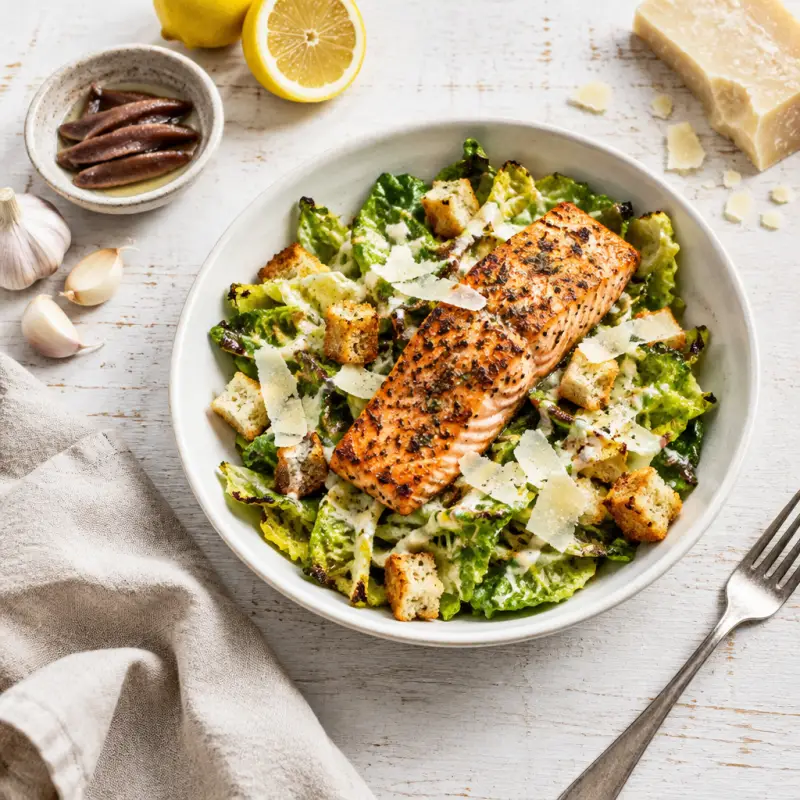 Warm Roasted Caesar Salad with Baked Salmon, plated