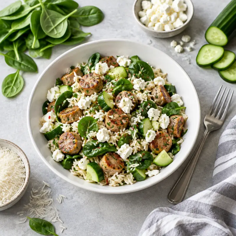 Warm Sausage-Rice Salad with Spinach & Feta, plated