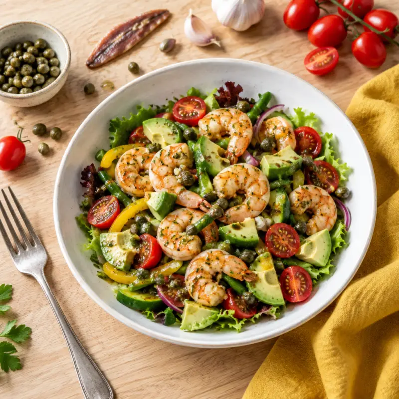 Warm Shrimp Salad with Mixed Veggies, Avocado & Lemon Caper Dressing, plated