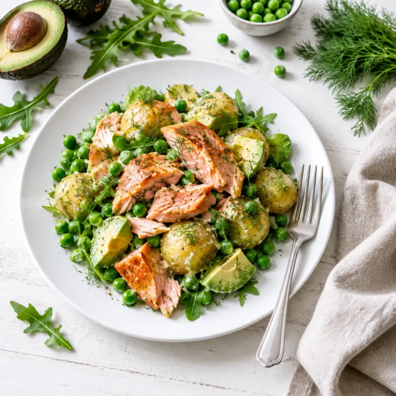 Warm Smoked Salmon & Dilly Baby Potato Salad with Avocado, plated