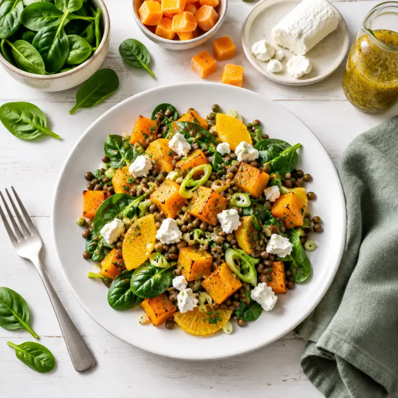 Warm Squash, Leek, Orange, Lentil & Spinach Salad with Goat Cheese, plated