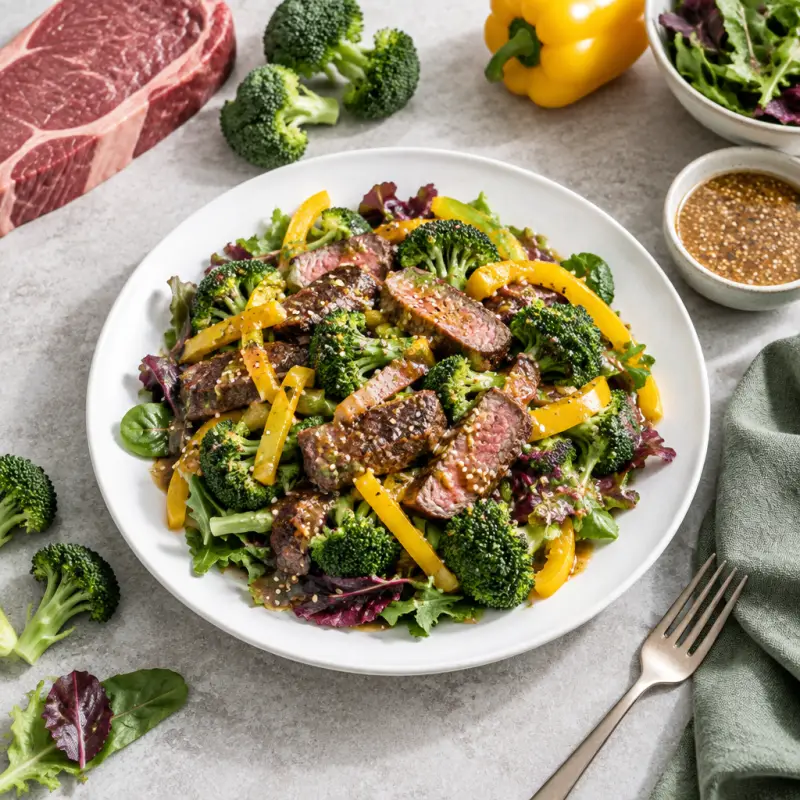 Warm Steak, Broccoli & Bell Pepper Salad with Sesame Dressing, plated