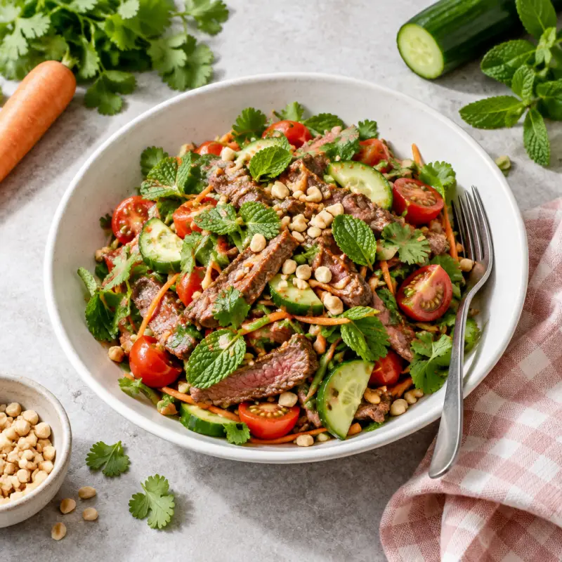 Warm Thai Beef Salad with Fresh Herbs, Tomato, Cucumber & Peanuts, plated
