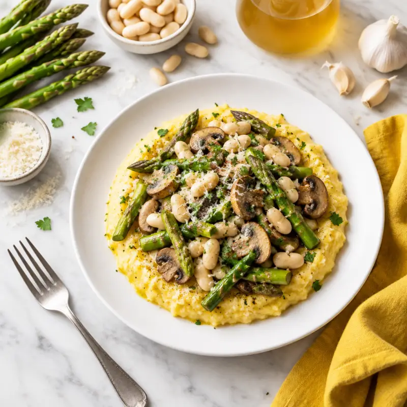 White Bean, Asparagus & Mushroom Sauté over Parmesan Polenta, plated
