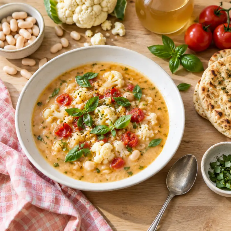 White Bean-Cauliflower Soup with Tomato, Fresh Basil & Garlic Sticks, plated
