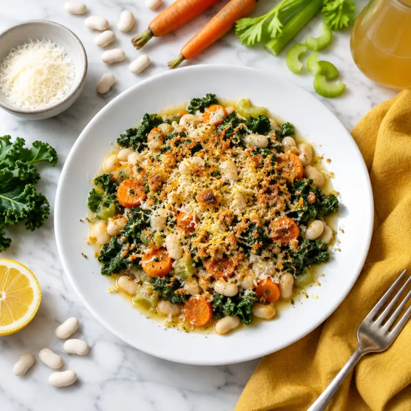 White Bean-Kale "Cassoulet" with Parmesan Bread Crumbs & Lemon Sauce, plated