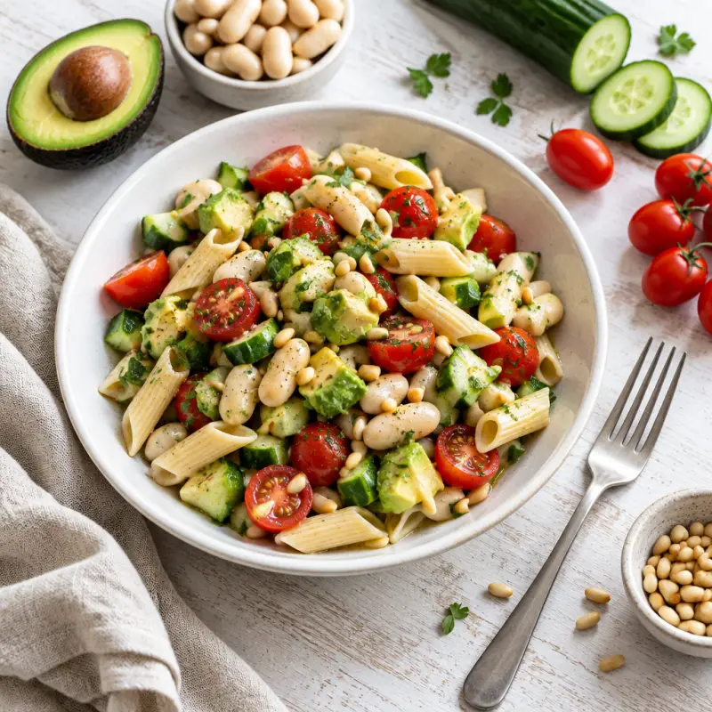 White Bean Pasta Salad with Tomato, Cucumber, Avocado & Pine Nuts, plated