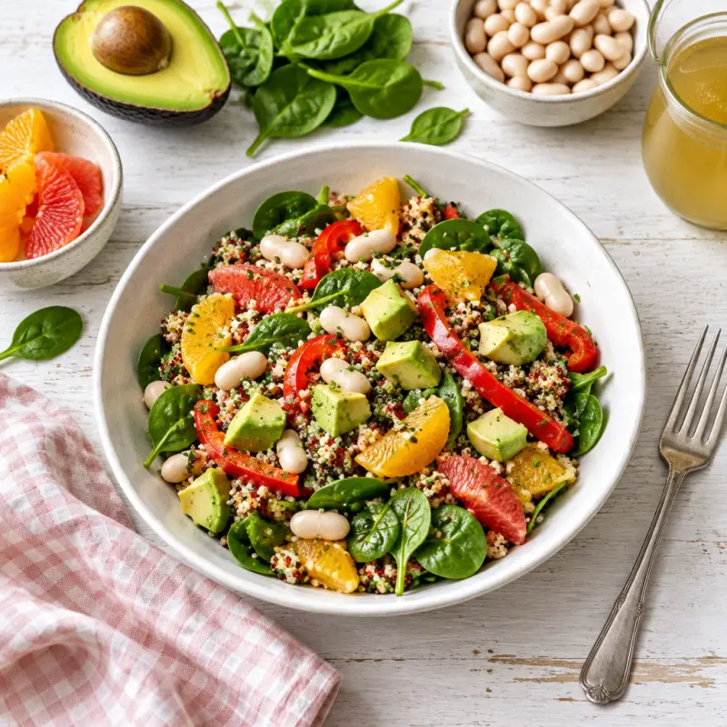 White Bean-Quinoa Salad with Citrus, Bell Pepper, Avocado & Spinach, plated