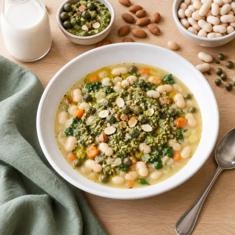 White Bean Soup with Caper-Almond Pesto, plated