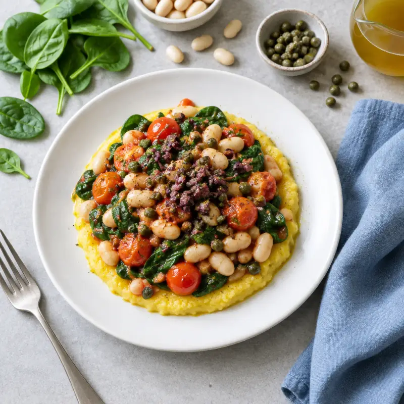 White Bean, Spinach & Tomato Sauté over Polenta with Olive Tapenade, plated