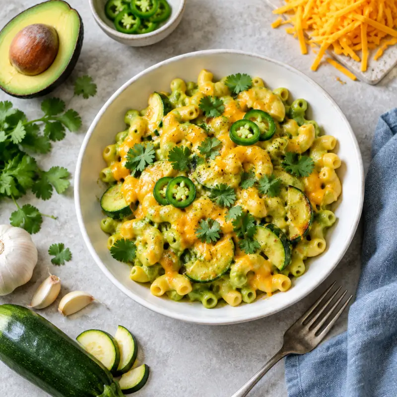 Zesty Avocado Mac 'n' Cheese with Zucchini & Jalapeño, plated