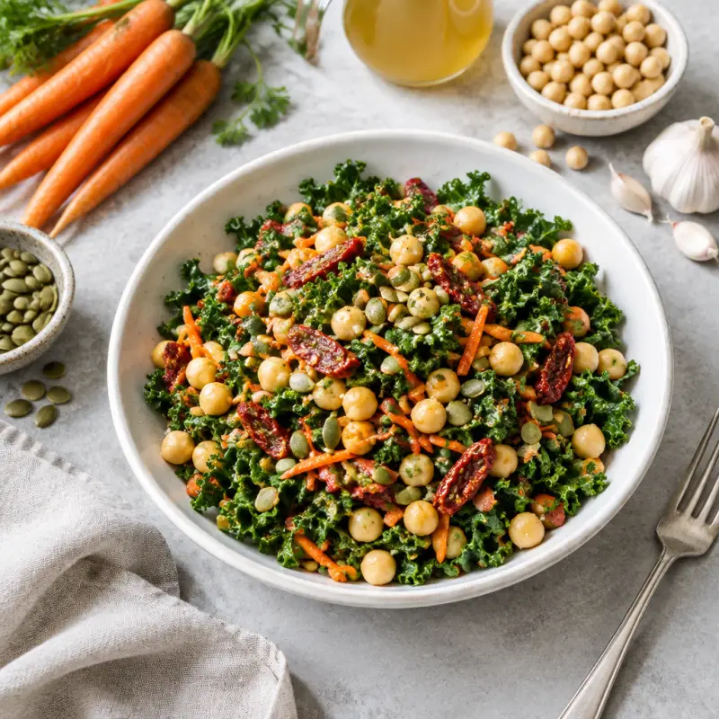 Zesty Chickpea Kale Salad with Sun-Dried Tomatoes & Pumpkin Seeds, plated