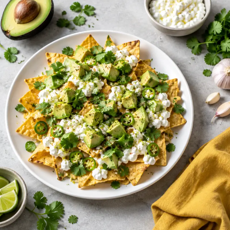 Zesty Cottage Cheese Crema "Nachos" with Avocado & Cilantro, plated