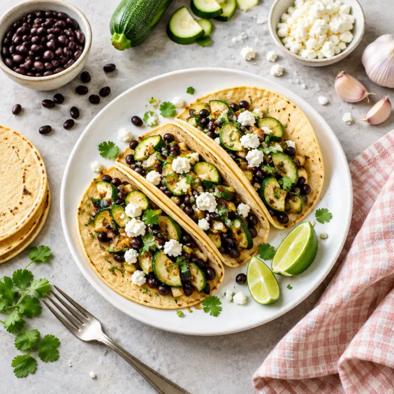 Zucchini & Black Bean Tacos with Feta, plated