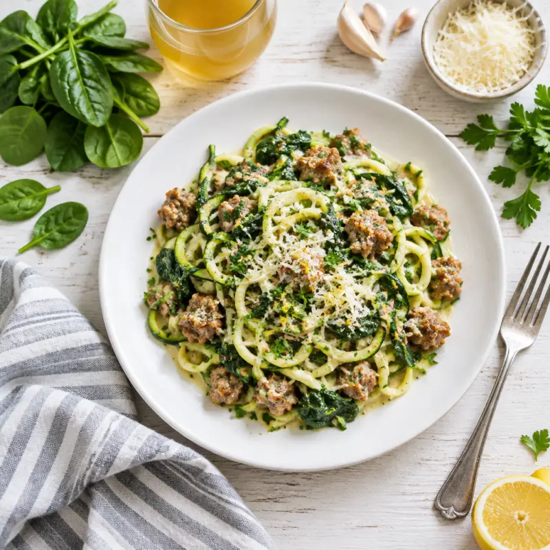 Zucchini Noodles with Sausage, Spinach & Parmesan-Lemon Sauce, plated