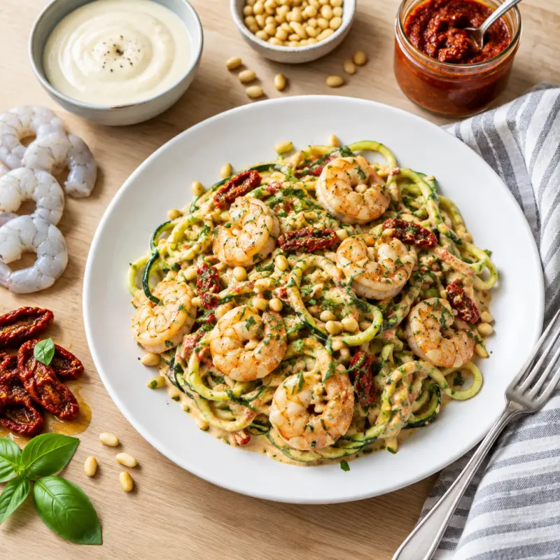 Zucchini Noodles with Shrimp, Sun-Dried Tomato Alfredo & Pine Nuts, plated