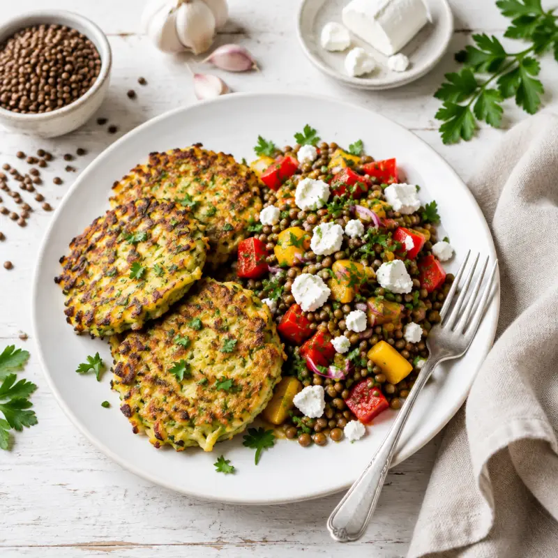 Zucchini & Potato Fritters with Lentil, Bell Pepper & Goat Cheese Salad, plated