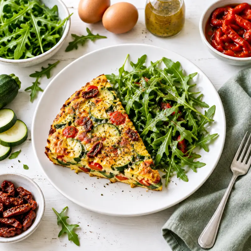 Zucchini, Red Pepper & Sun-Dried Tomato Frittata with Dressed Arugula, plated