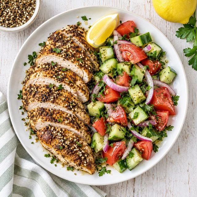Golden za’atar chicken with crisp cucumber and tomato salad, photographed from above