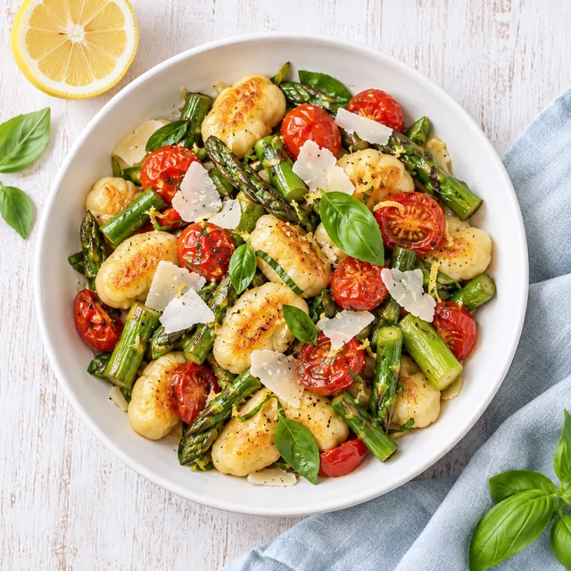 Golden vegetarian gnocchi, tomatoes, asparagus and basil in a white bowl
