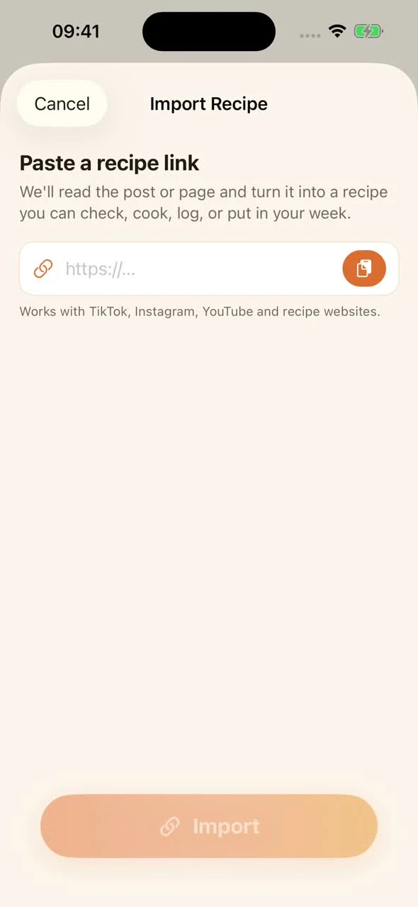 MealPot’s Import Recipe screen with an empty recipe link field.