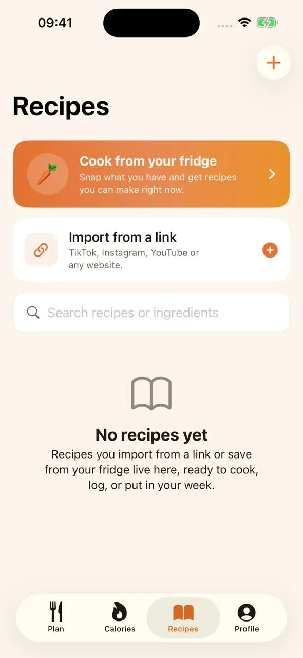 The Recipes tab in MealPot with the plus button at the upper right.