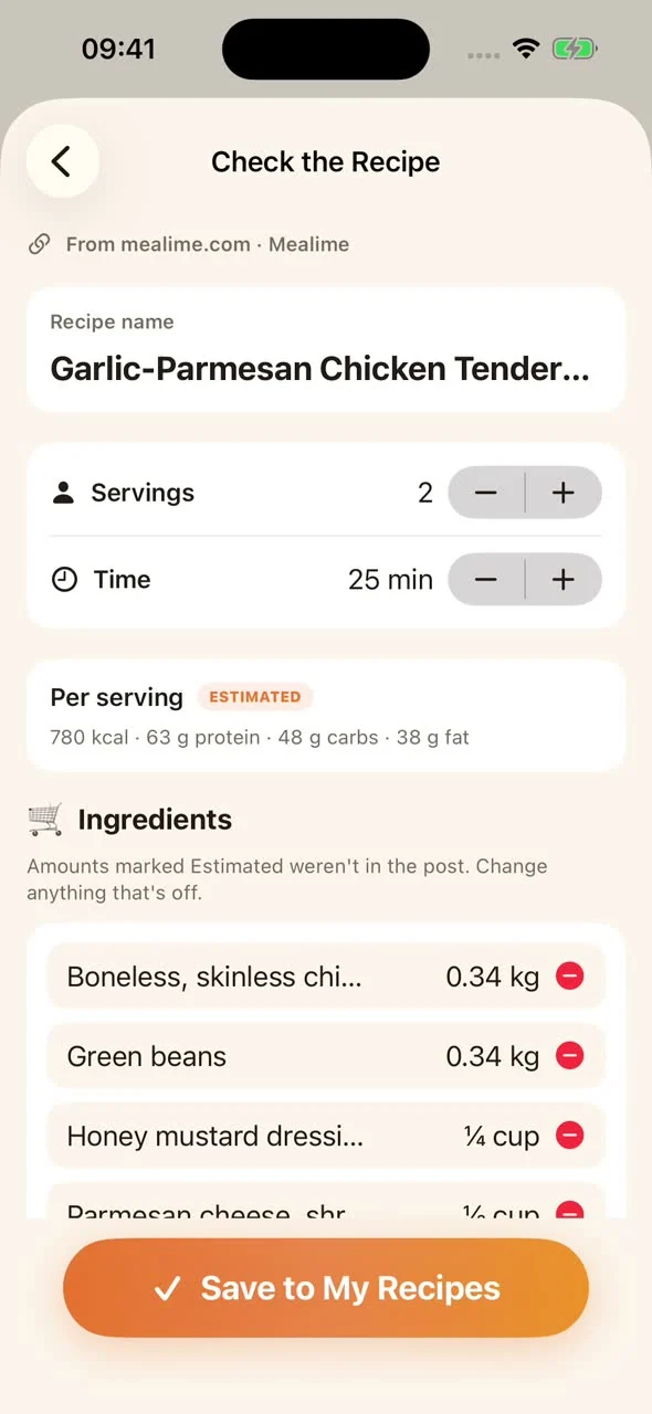 MealPot review screen showing two servings, 25 minutes, estimated nutrition and ingredient amounts.
