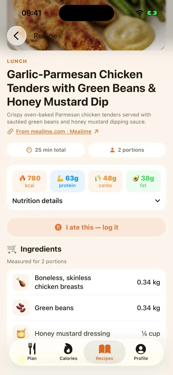 The saved chicken tenders recipe open in MealPot, with its title, servings and ingredients.