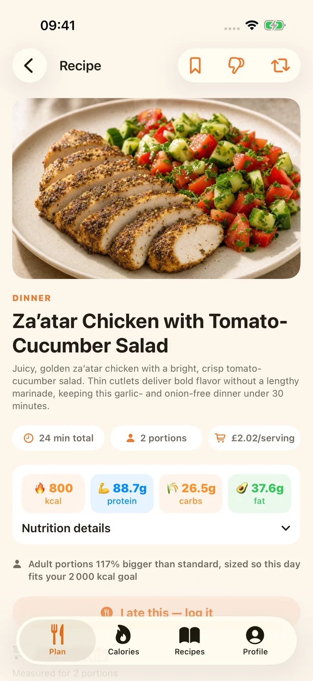 Detail of the MealPot za’atar chicken recipe, with its photograph and recipe title