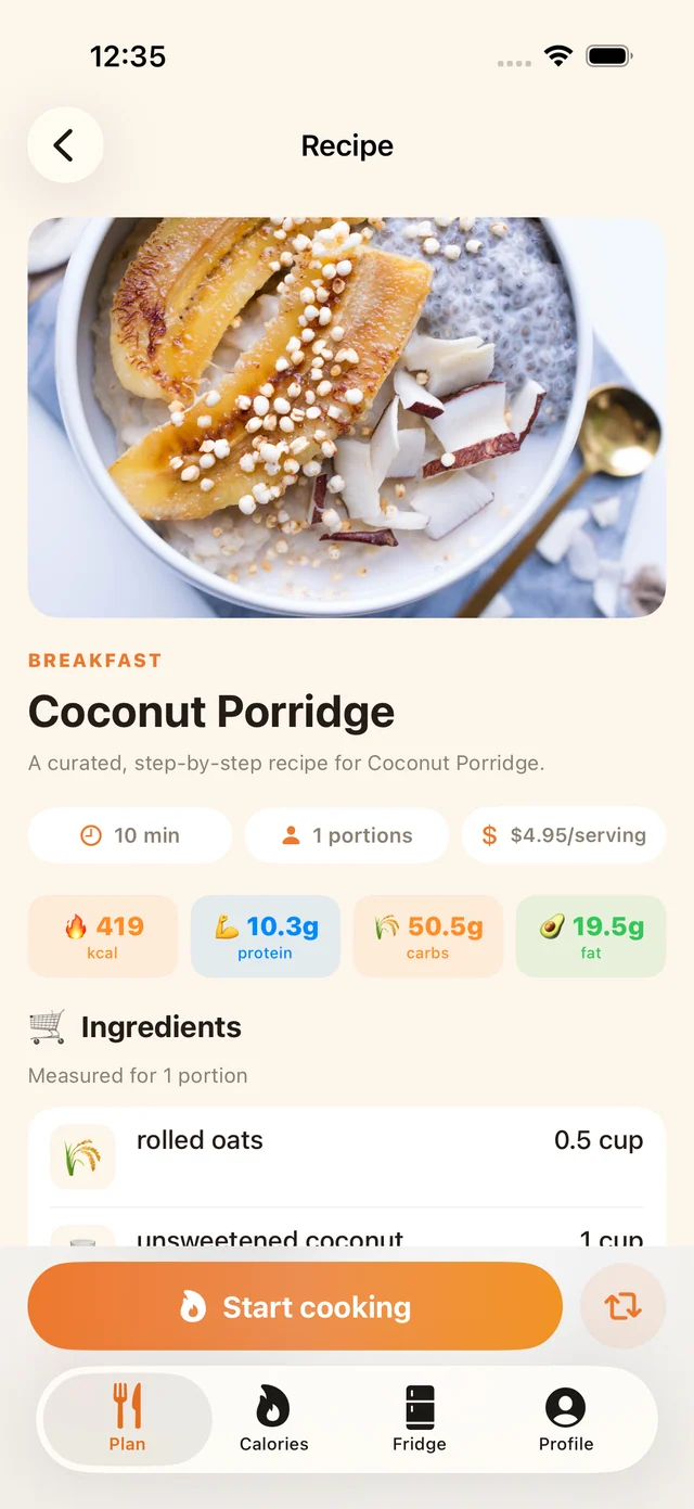 MealPot recipe view on iPhone, showing ingredients and cooking steps