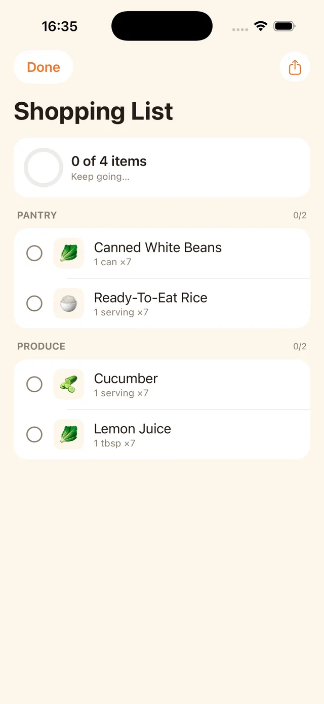 MealPot shopping list: groceries for the meals you planned